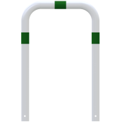 Impact protection bars | as e-charging post protection | for casting in concrete, | total width: 750mm, total height: 1150mm | hot-dip galvanized and white powder-coated with green reflective stripes foil type RA1/A